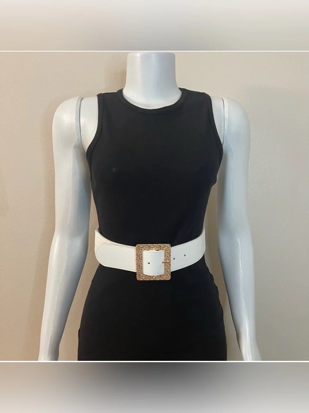 Plus size white PU leather gold tone square buckle elastic waistband belt